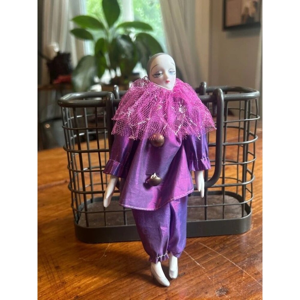Vintage Purple Porcelain Face Pierrot Doll 7.5 Inch Sad Teardrop Clown Harlequin